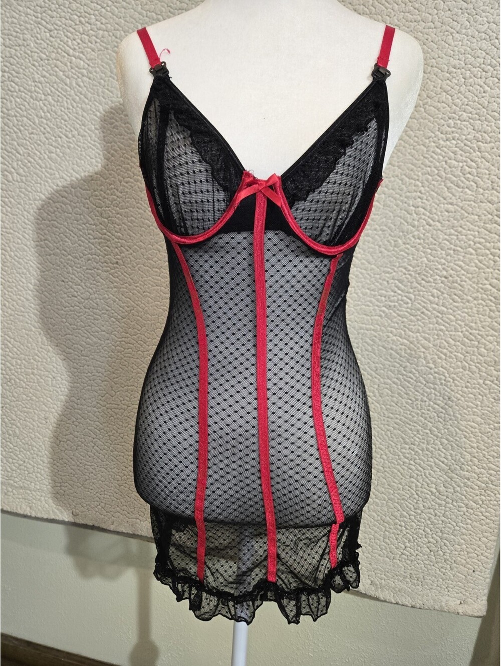 fredericks of hollywood lace Corset Bodysuit Mesh Black/red Trim Vtg 90sY2k Sm